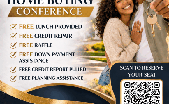 Sunshine Realty & Co. FREE Home Buying Conference flyer promoting a monthly Jacksonville first-time homebuyer seminar with down payment assistance, credit repair resources, free lunch, and homeownership education.